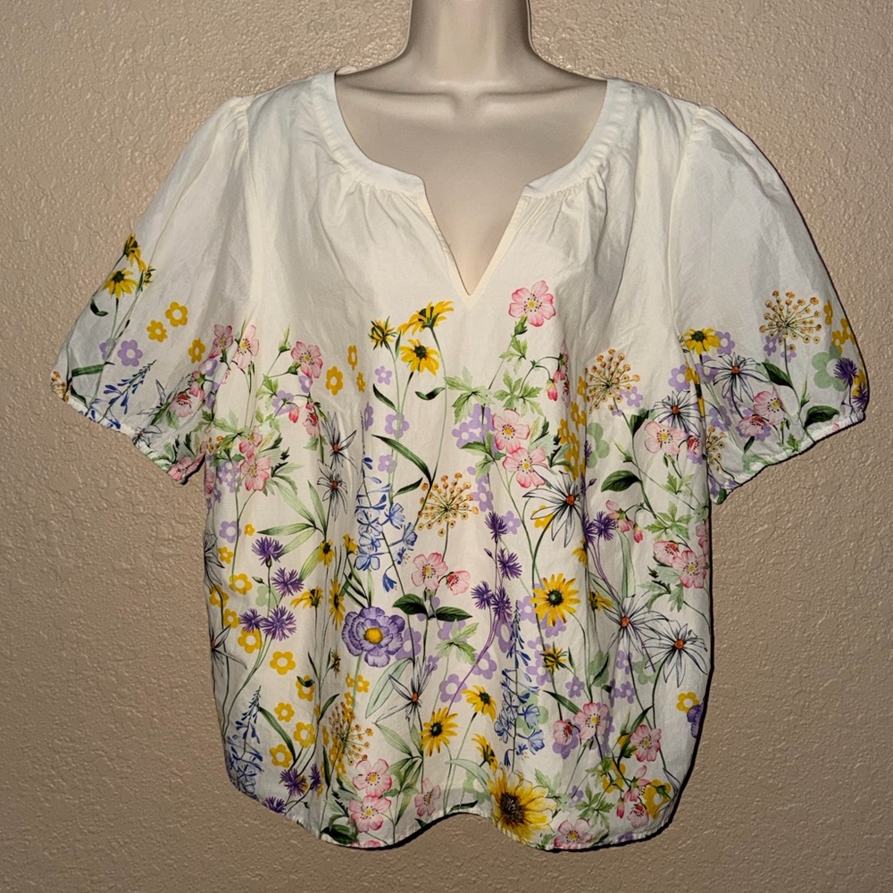 NWT $99 Sz 2X Talbots White Floral Split Neck Popover Blouse